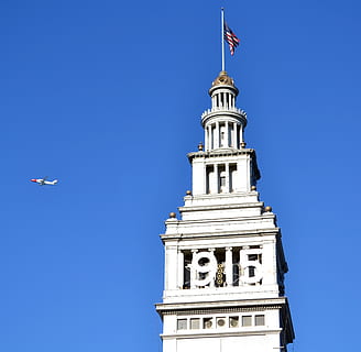 torre, bandera, Torre del Rellotge, port, san francisco, avió, volant, biplà, EUA, Amèrica, cel, cel clar, blau, exterior de l'edifici, vista d’angle baix, estructura construïda, arquitectura, cap gent, el patriotisme, viatjar, naturalesa, dia, vehicle aeri, destinacions de viatge, edifici, turisme, a l'aire lliure, independència, rellotge, govern, icona nacional, 1080P, CC0, domini públic, lliure de regalies