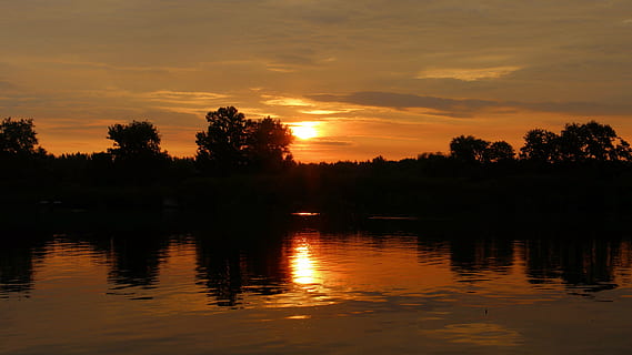 sunset, sky, clouds, sun, abendstimmung, evening sky, afterglow, dusk, waters, lake, trees, mirroring, silhuette, reflection, water, tree, beauty in nature, scenics - nature, tranquility, plant, tranquil scene, silhouette, no people, orange color, cloud - sky, non-urban scene, nature, idyllic, waterfront, outdoors, 4K, CC0, public domain, royalty free