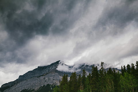 grigio, roccioso, montagna, verde, alberi, bianca, nuvole, mare, foresta, nube, albero, paesaggio, natura selvaggia, tempesta, Banff, catena montuosa, Fumo, nuvoloso, cielo scuro, al di fuori, cielo, Canada, nuvola - cielo, bellezza nella natura, scenics - natura, pianta, natura, ambiente, scena non urbana, scena tranquilla, nessuno, terra, la tranquillità, albero di conifere, Inquadratura dal basso, all'aperto, Pino, bosco di pini, picco di montagna, potere in natura, formazione, 5K, CC0, dominio pubblico, privo di copyright