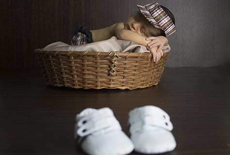 Basket, Slipper, Visor, one person, indoors, adults only, one woman only, low section, relaxation, container, sleeping, lying down, human body part, wicker, adult, furniture, casual clothing, full length, body part, food, lifestyles, eyes closed, innocence, 4K, CC0, public domain, royalty free