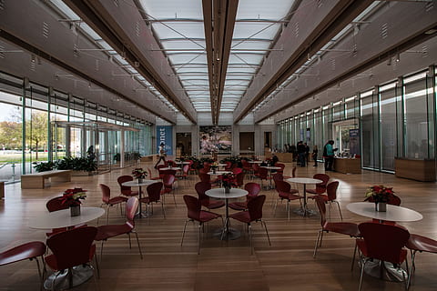 foto, persone, dentro, costruzione, bianco e rosso, cinque, pezzo da pranzo, impostato, lotto, camera, museo d'arte di kimbell, interno, tavolo, posti a sedere, bar, atrio, in casa, sedia, nessuno, finestra, architettura, posto a sedere, architettura ed edifici, viaggio, aereo, attività commerciale, soffitto, pavimentazione, ristorante, assenza, vetro - materiale, vuoto, struttura costruita, attrezzatura per l'illuminazione, giorno, mobilia, colonna architettonica, ambientazione, 5K, CC0, dominio pubblico, privo di copyright