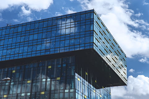 glass office building, captured, blue, sky, Glass, blue sky, architecture, building, city, window, office Building, built Structure, building Exterior, glass - Material, business, urban Scene, modern, facade, skyscraper, reflection, outdoors, construction Industry, architecture And Buildings, futuristic, cloud - sky, low angle view, office, nature, office building exterior, no people, day, sunlight, travel destinations, 4K