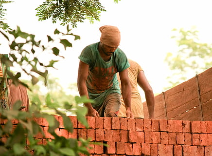 uomo che costruisce il muro di mattoni, mattoni, lavoratore, indiano, lavoro, Caricamento in corso, camion, persone reali, stili di vita, abbigliamento casual, attività di svago, uomini, pianta, natura, giorno, parete, albero, persone, vista frontale, cielo, all'aperto, Inquadratura dal basso, giovani uomini, mattone, maschi, luce del sole, 2K, CC0, dominio pubblico, privo di copyright