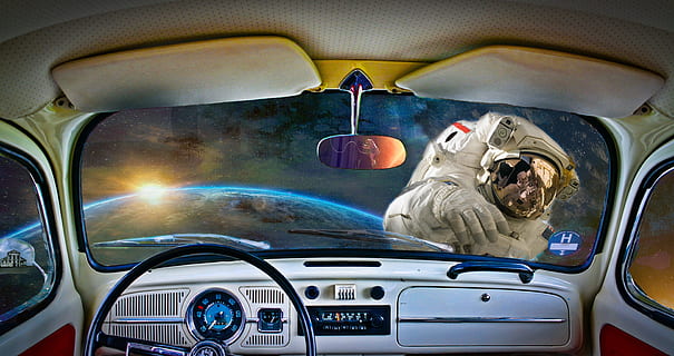 view, astronaut, earth, inside, vehicle, eclipse, space, vw, spaceman, happy, dash, steering wheel, mode of transportation, transportation, motor vehicle, car, vehicle interior, driving, glass - material, car interior, one person, windshield, rear-view mirror, adult, land vehicle, indoors, travel, men, emotion, 5K, CC0, public domain, royalty free