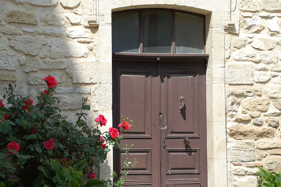 Marrone, di legno, porta, rosso, Rose, Casa, iscrizione, esterno dell'edificio, struttura costruita, fiore, Entrata, architettura, pianta fiorita, finestra, giorno, chiuso, costruzione, nessuno, pianta, sicurezza, protezione, natura, legno - materiale, caratteristica della parete, all'aperto, muro di pietra, vaso di fiori, 2K