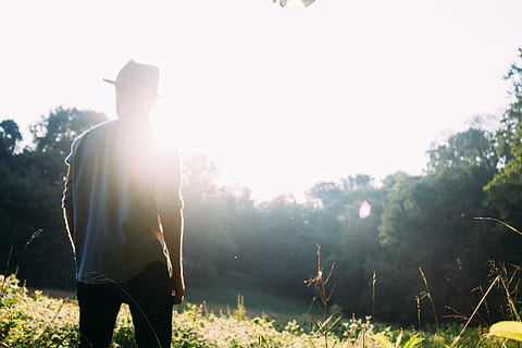 homme, permanent, champ d'herbe, gris, longue, manche, chemise, noir, un pantalon, près, champ, herbe, ensoleillement, rayons de soleil, gars, chapeau, personnes, forêt, les bois, des arbres, la nature, été, Seulment les adultes, que les hommes, Vêtements décontractés, rétro-éclairé, adulte, une personne, un seul homme, en plein air, adulte mature, trois quarts, reflet, Vêtements, journée, lumière du soleil, plante, Hommes, terre, vue arrière, jeune adulte, contemplation, 5K, CC0, domaine public, libre de droits
