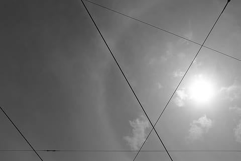sky, clouds, overcast, cables, criss-cross, crisscrossed, sun, glow, lines, cable, low angle view, electricity, connection, cloud - sky, power line, no people, power supply, nature, day, technology, fuel and power generation, outdoors, wire, metal, power cable, lighting equipment, silhouette, telephone line, 5K, CC0, public domain, royalty free