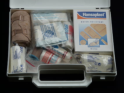 first, aid kit, case, first aid kit, help, association case, luggage, white, emergency, kits medical, patch, first aid, red cross box, container, dressings, medicine bag, gauze bandages, doctor on call, emergency doctor kit, verbandszeug, still life, no people, indoors, communication, high angle view, close-up, plastic, text, western script, variation, human representation, healthcare and medicine, refrigerator, choice, representation, box, large group of objects, book, directly above, plastic bag, 2K, CC0, public domain, royalty free