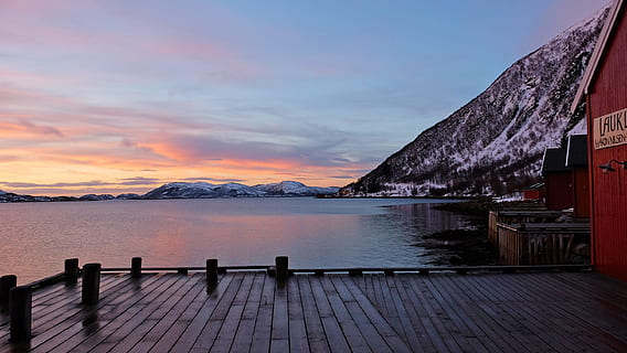 Sunset, Orange, Red, Blue, ever-changing, red, blue, reflection, amazing, beautiful, sea, fjord, snow, mountain, winter, travel, lauklines kystferie, kvaloya, kvaløysletta, norway, tromso, scandinavia, europe, water, sky, outdoors, built structure, scenics, scenics - nature, beauty in nature, architecture, nature, cloud - sky, tranquil scene, tranquility, wood - material, dusk, no people, non-urban scene, idyllic, pier, wood paneling, 2K, CC0, public domain, royalty free
