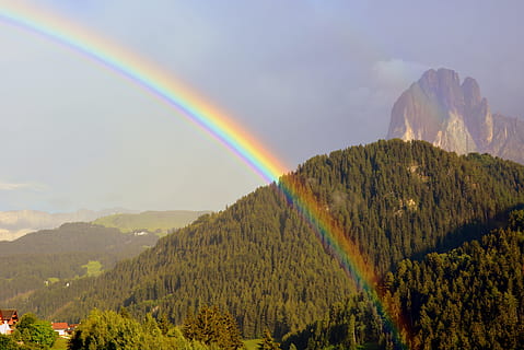 curcubeu, dolomitele, Munte, pădure, Sassolungo, cer, scenice - natura, frumusețe în natură, multi colorate, idilic, copac, natură, o scenă liniștită, scenă non-urbană, liniște, plantă, peisaj, mediu inconjurator, de munte, nor - cer, nici o persoana, zi, curcubeu dublu, în aer liber, 5K, CC0, domeniu public, fără drepturi de autor