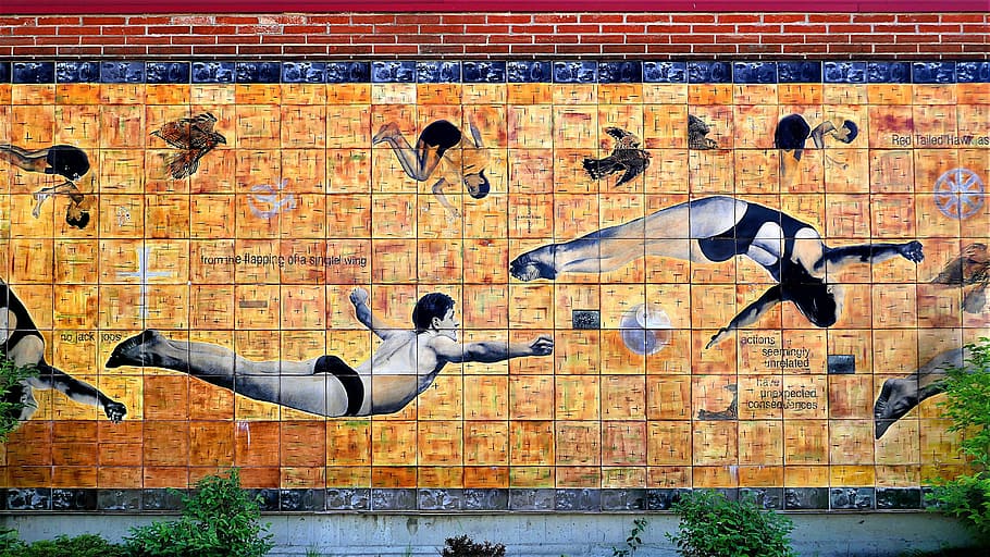 væg, kunst, keramisk, flise, vægmaleri, højt dykke, svæve, flyve, murbygningsfunktion, arkitektur, murstens væg, bygning udvendig, bygget struktur, dag, mursten, graffiti, ingen mennesker, sollys, repræsentation, Kunst og håndværk, metal, kreativitet, udendørs, menneskelig repræsentation, livsstil, fuld længde, 4K