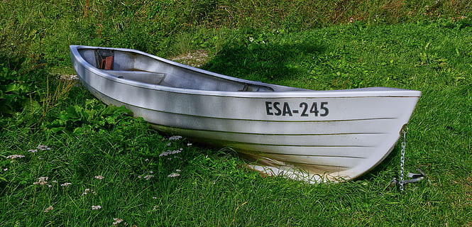 boot, berth, meadow, grass, nature, summer, coast, baltic sea, plant, green color, day, communication, text, land, growth, high angle view, no people, field, outdoors, western script, transportation, mode of transportation, number, sign, absence, moored, gardening, rowboat, 5K, CC0, public domain, royalty free