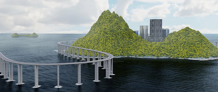 Straße, Insel, cgi, die Architektur, Landschaft, Natur, Himmel, Berg, Sommer-, Grün, Meer, Wolkenkratzer, Horizont, draussen, Wolke, Computer, erzeugt, Planung, Visualisierung, Umgebung, Brücke, Wasser, wolke - himmel, gebaute Struktur, Gebäudehülle, Reise, Reiseziele, Stadt, keine Leute, Baum, Tag, Transport, Geländer, Gebäude, draußen, Pflanze, Luxus, 2K, CC0, gemeinfrei, lizenzfrei
