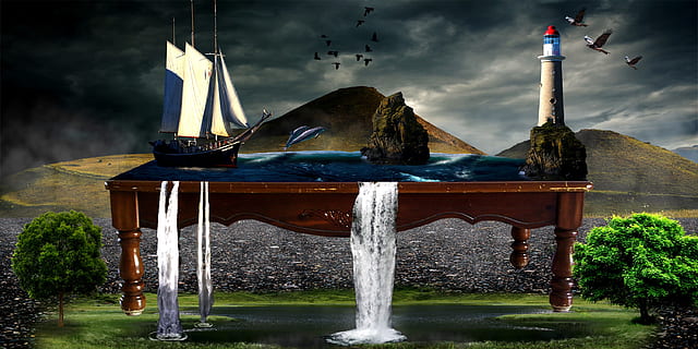 mare, oceano, tavolo, tavolino da caffè, cascate, fantasia, faro, paesaggio marino, mobilia, acqua, natura, cielo, nuvola - cielo, nessuno, animale, architettura, fauna selvatica, temi animali, animali allo stato selvatico, all'aperto, nave nautica, giorno, vertebrato, uccello, movimento, rappresentazione, cibo e bevande, pianta, 2K, CC0, dominio pubblico, privo di copyright
