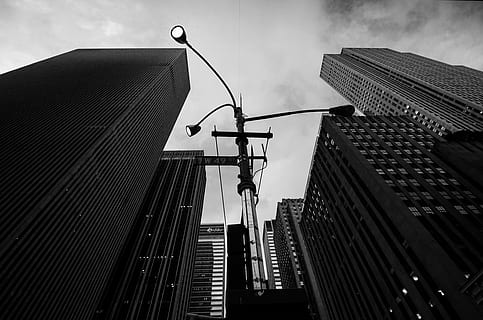 worm, eyeview, cityscape photography, cityscape, photography, black And White, skyscraper, new York City, urban Scene, building Exterior, city, built Structure, manhattan - New York City, architecture, office Building, sky, low Angle View, downtown District, no People, business, outdoors, day, building, cloud - sky, office building exterior, tall - high, nature, modern, office, street light, street, tower, spire, directly below, 4K, CC0, public domain, royalty free