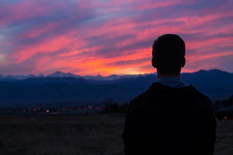 silhouette, man, standing, outdoor, field, looking, sunset, mountain, highland, sky, clouds, sunrise, people, thinking, alone, one person, headshot, one man only, adults only, adult, military, outdoors, rear view, cloud - sky, men, nature, waist up, scenics - nature, portrait, dusk, beauty in nature, focus on foreground, mountain range, contemplation, hopelessness, depression - sadness, 5K, CC0, public domain, royalty free