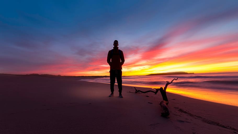 silhueta, homem, de pé, Beira Mar, dourado, hora, Hora dourada, por do sol, pessoas, natureza, retroiluminado, homens, céu, ao ar livre, crepúsculo, Dom, uma pessoa, um homem só, visão traseira, apenas adultos, scenics - natureza, terra, beleza na natureza, cor laranja, atividade de lazer, estilos de vida, comprimento total, tranquilidade, cena tranquila, de praia, agua, mar, pessoas reais, contemplação, 2K