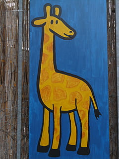 giraffe, comic, figure, image, paint, cartoon character, drawing, funny, animal, cheerful, happy, yellow, blue, no people, art and craft, wood - material, representation, creativity, day, communication, close-up, human representation, text, outdoors, metal, craft, multi colored, male likeness, door, 2K, CC0, public domain, royalty free