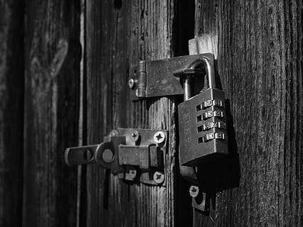 grayscale photo, gate, padlocked, Lock, Secure, Security, Key, locked, security, key, combination, number, code, steel, door, unlock, shed, old, padlock, old-fashioned, wood - Material, protection, obsolete, closed, close-up, safety, entrance, metal, latch, no people, day, focus on foreground, outdoors, textured, rusty, 4K, CC0, public domain, royalty free