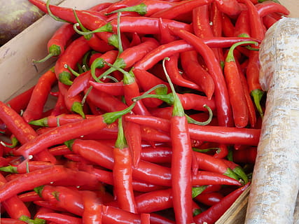 Peperoni, rot, Scharf, Paprika, fruchtig scharf, Gemüse, Lebensmittel, Essen und Trinken, Frische, große gruppe von gegenständen, Chili-Pfeffer, Pfeffer, würzen, gesundes Essen, Wohlbefinden, High Angle View, Fülle, Stillleben, keine Leute, rote Chilischote, Verkauf, Markt, Nahansicht, zu verkaufen, 2K, CC0, gemeinfrei, lizenzfrei