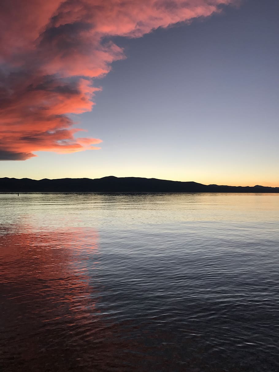 legeme, vand, bjerg, sø, Sky, solnedgang, lyserød, blå, afspejling, artsypic, himmel, skønhed i naturen, scenics - natur, sky - himmel, rolig scene, ro, natur, ingen mennesker, hav, idyllisk, silhuet, havnefronten, dramatisk himmel, orange farve, udendørs, 4K