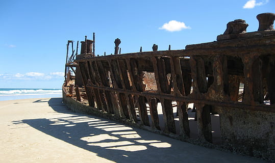 ship wreck, fraser island, australia, wreck, sand, beach, sky, nature, sea, water, sunlight, transportation, day, architecture, no people, land, abandoned, cloud - sky, built structure, mode of transportation, run-down, metal, damaged, shipwreck, outdoors, deterioration, 2K, CC0, public domain, royalty free