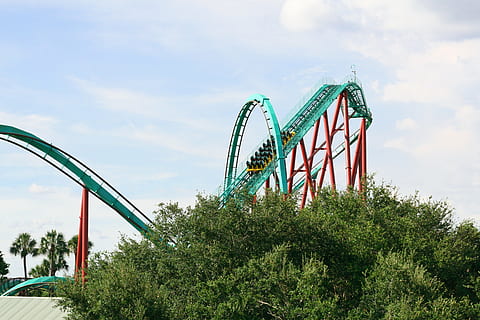 kolejka górska, coaster, rozrywka, dreszczyk, przygoda, czas zabawy, rodzinna zabawa, wakacje, re, Park rozrywki, przejażdżka do parku rozrywki, kultura i rozrywka artystyczna, niebo, Natura, roślina, chmura - niebo, dzień, drzewo, niski kąt widzenia, zabawa, architektura, zbudowana struktura, diabelski młyn, żadnych ludzi, metal, na dworze, przyjemność, transport, podniecenie, wesołe miasteczko, 2K, CC0, domena publiczna, darmowe zdjęcia