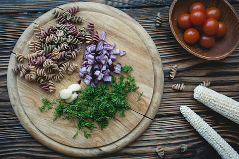 pasta fusilli, prepared, cooking, Pasta, fusilli, cherry tomatoes, close up, dill, fresh, italian, onion, top view, vegetables, wood, wood - Material, food, christmas, table, cultures, gourmet, food and drink, bowl, high angle view, indoors, freshness, healthy eating, vegetable, wellbeing, no people, still life, directly above, ingredient, plant, spice, herb, container, close-up, place mat, 5K
