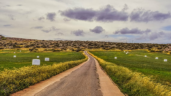 cyprus, cavo greko, road, fields, landscape, scenery, spring, countryside, farmland, rural Scene, nature, agriculture, hill, farm, sky, field, outdoors, landscaped, environment, land, cloud - sky, grass, scenics - nature, plant, no people, direction, transportation, beauty in nature, the way forward, tranquility, 5K, CC0, public domain, royalty free