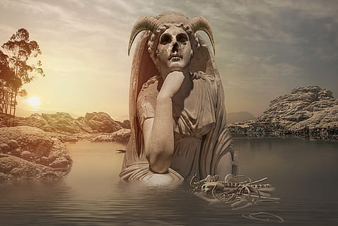 statue, middle, pond, evil, macabre, horror, creepy, satanic, dark, gothic, demon, ancient, mystery, hell, female, darkness, landscape, sky, water, rocks, tree, sunset, sun, fantasy landscape, nature, lake, sunlight, rock - object, people, beauty in nature, solid, rock, reflection, outdoors, representation, waterfront, tranquility, digital composite, 4K, CC0, public domain, royalty free