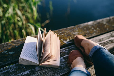 lake, Reading book, people, summer, book, opened notebook, time, old pier, evening, magic hour, wooden pier, girl reading book, boy reading book, man with book, woman with book, wooden boards, pier, nature, outdoors, human Hand, water, relaxation, one person, low section, human body part, one man only, publication, wood - material, leisure activity, human leg, body part, day, focus on foreground, personal perspective, page, paper, close-up, shoe, lifestyles, jeans, human limb, 5K