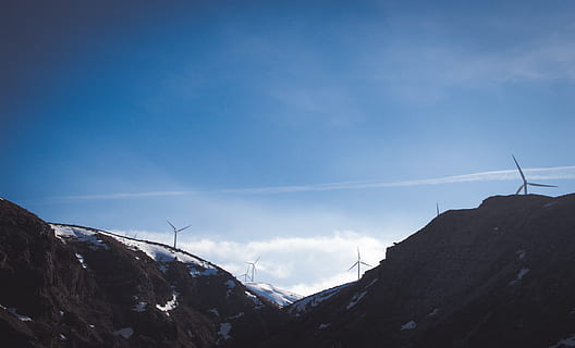 clouds, daylight, environment, hike, hill, light, mountain, outdoors, rock, sky, windmills, scenics - nature, cloud - sky, beauty in nature, nature, mountain range, blue, tranquility, landscape, tranquil scene, day, snow, cold temperature, no people, non-urban scene, low angle view, travel, mountain peak, snowcapped mountain, 5K, CC0, public domain, royalty free