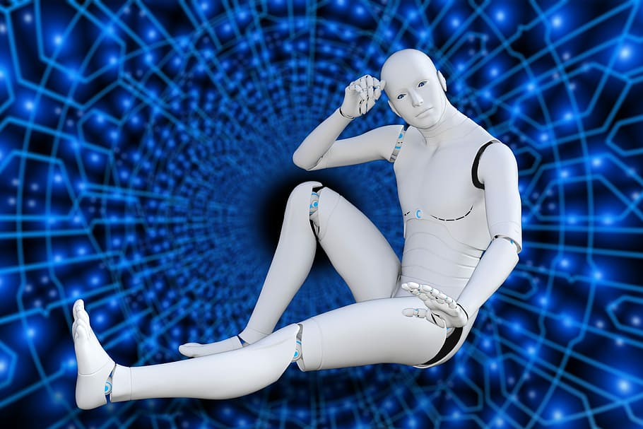 il·lustració de robot masculí, futurista, robot, cyborg, intel·ligència, artificial, tecnologia, representació humana, blau, representació, a l'interior, semblança femenina, maniquí, semblança masculina, figureta, gent, art i artesania, comunicació, longitud completa, dones, connexió, 2K