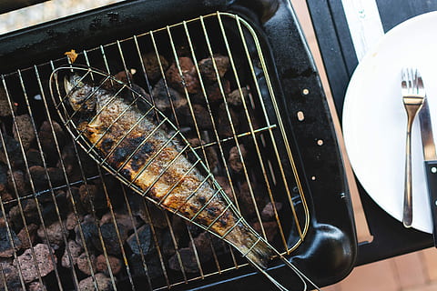 grilled fish, Grilled, fish, barbeque, grilling, top view, barbecue Grill, food, barbecue, cooking, meat, heat - Temperature, meal, gourmet, coal, outdoors, fire - Natural Phenomenon, dinner, close-up, roasted, flame, food and drink, preparation, no people, appliance, kitchen utensil, high angle view, freshness, metal, eating utensil, still life, indoors, grid, fork, grate, household equipment, preparing food, 5K