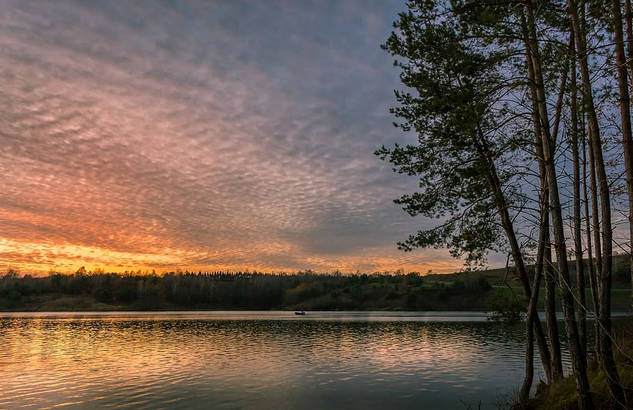 posta de sol, llac, núvols, paisatge, arbre, bellesa a la natura, escenics - natura, aigua, planta, cel, escena tranquil·la, tranquil·litat, núvol - cel, escena no urbana, idíl·lic, cap gent, reflexió, naturalesa, davant del mar, bosc, creixement, llac de reflexió, 5K