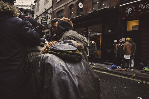 selective, focus photography, man, wearing, black, leather jacket, selective focus, photography, black leather jacket, people, urban Scene, street, city Life, outdoors, men, adult, city, building exterior, adults only, architecture, built structure, rear view, real people, group of people, day, walking, clothing, transportation, lifestyles, building, incidental people, standing, social issues, warm clothing, 5K, CC0, public domain, royalty free