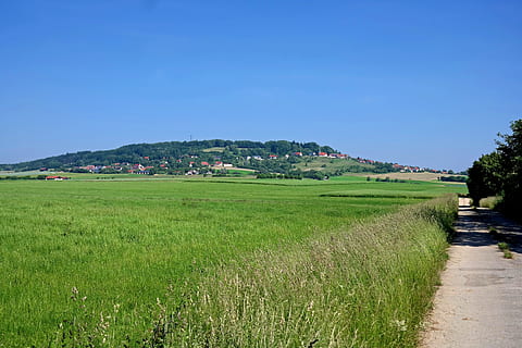 Germany, Field, Road, Path, Trail, Rural, village, hill, forest, trees, summer, spring, nature, outside, sky, clouds, country, countryside, agriculture, grass, landscape, farm, rural scene, plant, land, beauty in nature, architecture, green color, scenics - nature, building exterior, building, growth, tranquility, environment, day, clear sky, no people, outdoors, 5K, CC0, public domain, royalty free