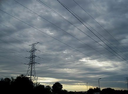 Sky, Clouds, Low, Dark, Light, Break, dark, light break, overhead cables, electricity, power Line, cable, technology, electricity Pylon, tower, blue, fuel and Power Generation, power, cloud - Sky, industry, communication, energy, power supply, connection, nature, no people, low angle view, silhouette, plant, dusk, tree, outdoors, beauty in nature, electrical equipment, 2K, CC0, public domain, royalty free