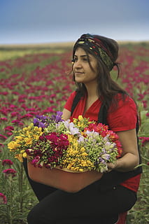 donna, detenzione, cesto di fiori, presa, foto, accanto, campo di fiori, giorno, pianta fiorita, fiore, pianta, una persona, persone reali, vulnerabilità, bellezza nella natura, natura, fragilità, stili di vita, donne, attività di svago, giovane adulto, in piedi, adulto, campo, crescita, freschezza, terra, bella donna, testa di fiore, mazzo, all'aperto, composizione floreale, 5K, CC0, dominio pubblico, privo di copyright