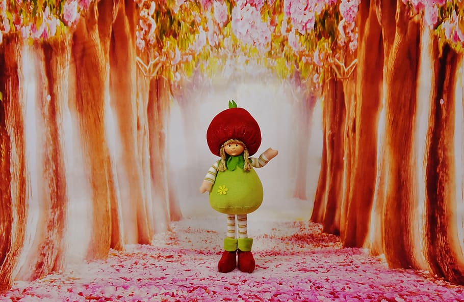 Mädchen Stoffpuppe Tapete, spring imp, Wald, Blumen, Bäume, lustig, süß, Zahl, Baum, rot, eine Person, in voller Länge, draußen, Tag, Menschen, Kindheit, nur für Kinder, Kind, Glauben, Religion, mehrfarbig, Vorhang, Stehen, Natur, Pflanze, Schönheit in der Natur, Kunst und Handwerk, Kleidung, echte Menschen, Rückansicht, Kreativität, 5K
