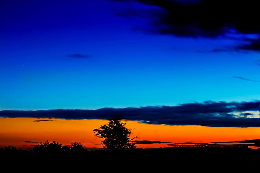 llum, alba, paisatge, cel, abendstimmung, retroil·luminat, hora blava, núvols, color, fosc, núvols foscos, dramàtica, vespre, tarda, hora daurada, exposició llarga, a l'aire lliure, silueta, posta de sol, arbres, escenics - natura, escena tranquil·la, bellesa a la natura, tranquil·litat, núvol - cel, arbre, planta, color taronja, naturalesa, blau, medi ambient, cap gent, escena no urbana, idíl·lic, terra, cel romàntic, 5K