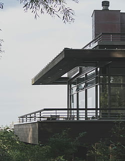 grayscale photography, house, photo, terrace, green, trees, buiding, architecture, balcony, cloud, tree, built structure, building exterior, sky, building, no people, nature, low angle view, plant, day, bridge, connection, outdoors, bridge - man made structure, architectural column, clear sky, railing, industry, roof, 4K, CC0, public domain, royalty free