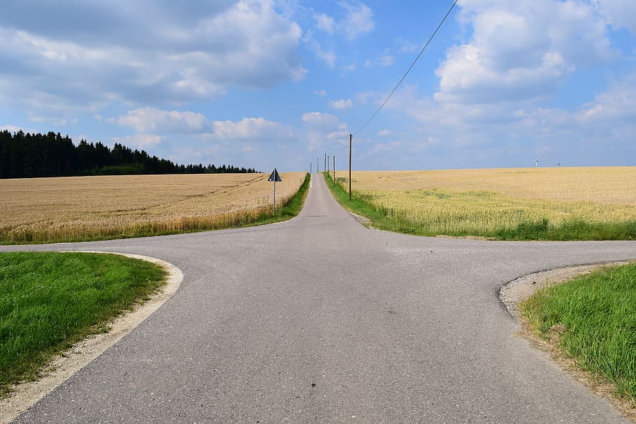grigio, calcestruzzo, strada, lontano, giunzione, direzione, decisione, paesaggio, i campi, cielo, nuvole, la strada davanti, mezzi di trasporto, nuvola - cielo, pianta, ambiente, terra, campo, la tranquillità, scena tranquilla, prospettiva decrescente, nazione, natura, erba, scenics - natura, strada di campagna, bellezza nella natura, nessuno, all'aperto, elettricità, 5K