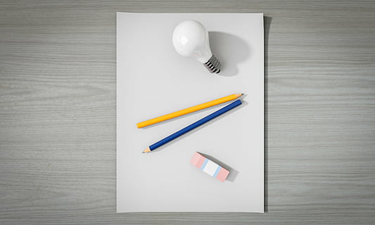 two, yellow, blue, pencils, led, bulb, eraser, white, surface, idea, empty, paper, pen, light bulb, no, creativity, imagination, inspiration, blank, space, design, creative, table, template, desk, thinking, fantasy, begin, create, draw, uninspired, dry, bad, icon, switched off, turned off, off, analog, creation, start, project, beginning, new, pink, development, business, innovation, progress, startup, launch, strategy, flat, solution, invention, new beginnings, process, plan, challenge, pencil, education, directly above, indoors, no people, high angle view, pencil sharpener, note pad, close-up, rubber, studio shot, writing instrument, gray, simplicity, still life, office supply, office, 4K