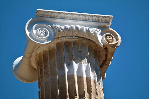 pillar, sky, socket, architecture, greece, olympia, blue, craft, clear sky, no people, art and craft, white color, nature, body part, carving - craft product, day, sculpture, single object, close-up, outdoors, metal, low angle view, religion, ornate, blue background, 5K, CC0, public domain, royalty free