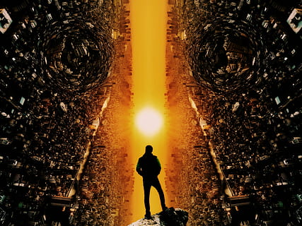 homme, permanent, peinture de bâtiment, Soleil, le coucher du soleil, ciel, paysages, crépuscule, ville, architecture, futur, silhouette, futuriste, La technologie, machine, utopie, perturbation, lumières, ombres, réflexion, arbre, Vrais gens, plante, une personne, la nature, Hommes, couleur orange, extérieur du bâtiment, en plein air, Activité de loisir, modes de vie, structure construite, reflet, paysage urbain, 2K, CC0, domaine public, libre de droits