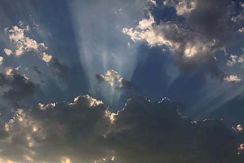 sky, clouds, ray, beam, light, nature, cloud - sky, beauty in nature, sunbeam, heaven, sunlight, dramatic sky, cloudscape, environment, tranquility, religion, scenics - nature, idyllic, atmosphere, no people, backgrounds, majestic, storm, outdoors, above, dark, wind, meteorology, rain, 720P, CC0, public domain, royalty free