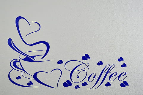 blue coffee sticker, background image, coffee, blue, text, creativity, art and craft, communication, western script, paper, positive emotion, emotion, indoors, love, no people, drawing - art product, close-up, copy space, message, representation, craft, handwriting, wall - building feature, 5K, CC0, public domain, royalty free
