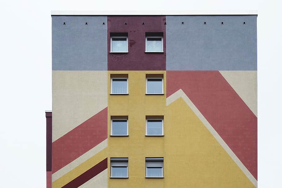 Foto, højhus, bygning, arkitektur, vindue, beton, væg, bygning udvendig, bygget struktur, multi farvet, by, boligområde, ingen mennesker, udendørs, hus, dag, byliv, lejlighed, gul, murbygningsfunktion, natur, moderne, facade, rød, bygning funktion, Boligudvikling, 4K