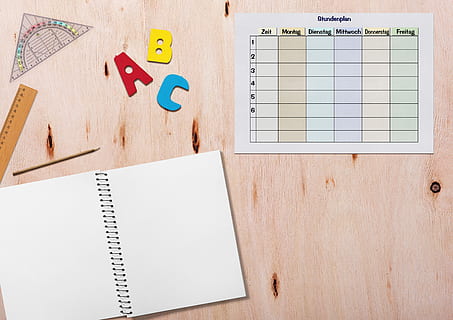 white, spiral notebook, beside, paper, timetable, notebook, table, ruler, geodreieck, pencil, abc, learn, template, teaching, days of the week, 6 days a week, school, students, teacher, time management, scheduler, children, back to school, schulbeginn, first-graders, copy space, enter, leave, symbol, time, 6 hours of instruction, i dötzchen, alphabet, training, education, school launch, no people, communication, wood - material, multi colored, indoors, office, letter, directly above, blank, note pad, document, creativity, adhesive note, text, reminder, message, note - message, 4K, CC0, public domain, royalty free